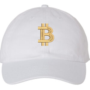 Baseball hat featuring the embroidered Bitcoin BTC crypto currency logo. A stylish accessory for crypto enthusiasts and trendsetters.