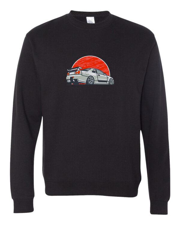 Crew neck sweatshirt with embroidered Japanese sun and Nissan Skyline design on the chest. Elevate your streetwear style with this cultural and automotive-inspired fashion statement.