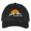 Baseball hat with embroidered mountains and sun design on the front. Showcase your love for nature with this stylish and adventurous accessory.