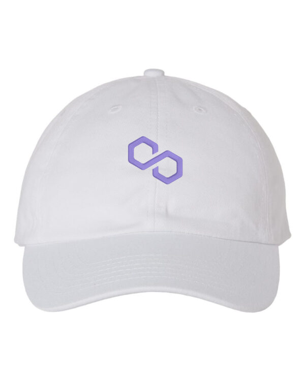 Baseball hat featuring the embroidered Polygon Matic crypto currency logo. A stylish accessory for crypto enthusiasts and fashion-forward individuals.