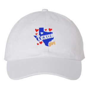Baseball hat with embroidered "Texas Girl" and Texas state outline. Show off your Texas pride in style with this fashionable accessory.