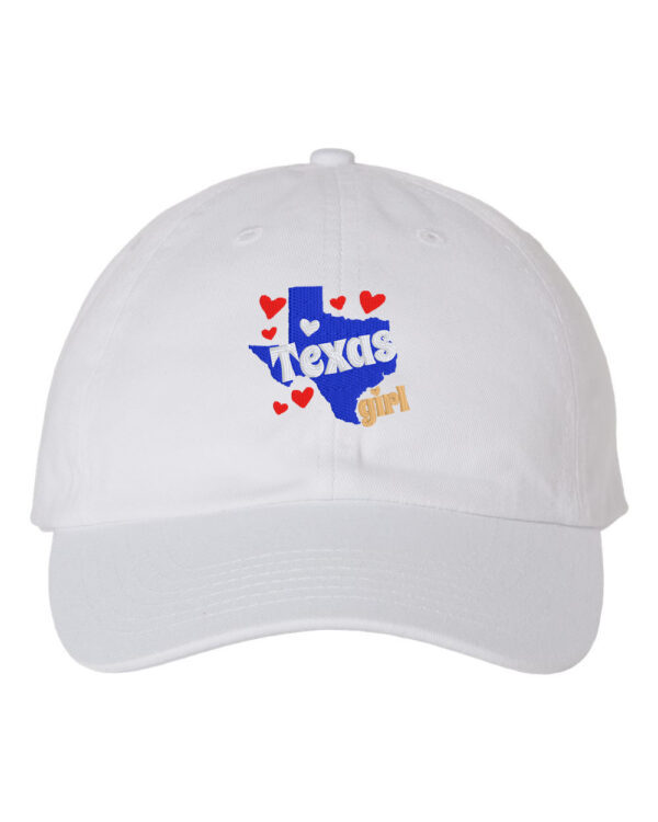 Baseball hat with embroidered "Texas Girl" and Texas state outline. Show off your Texas pride in style with this fashionable accessory.