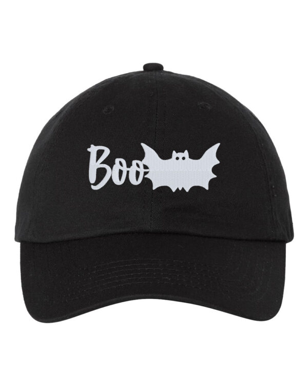 Baseball hat with "BOO" and bat ghost embroidery, perfect for Halloween festivities.