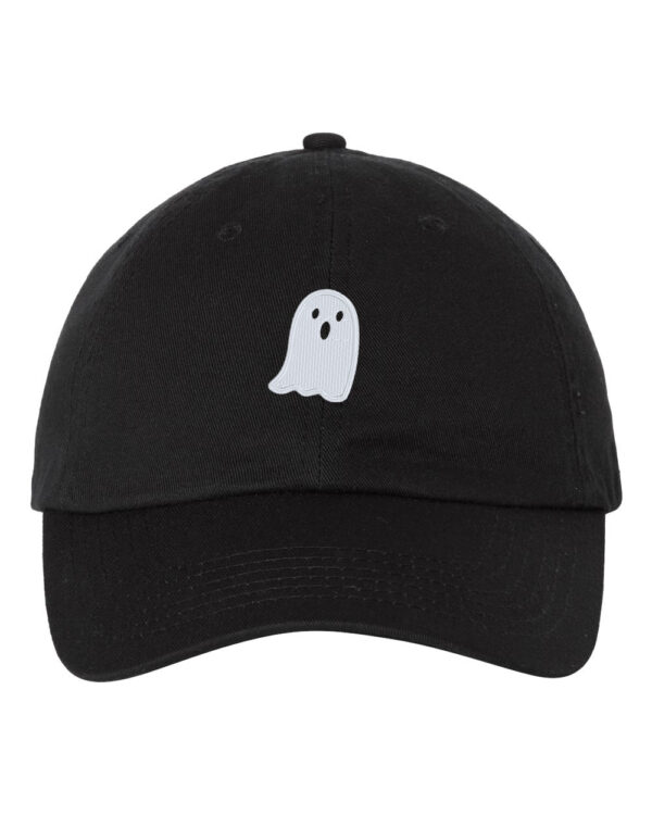 Baseball hat with embroidered cute ghost image that glows in the dark. Add a touch of spooky charm to your style with this unique accessory. Perfect for Halloween enthusiasts.