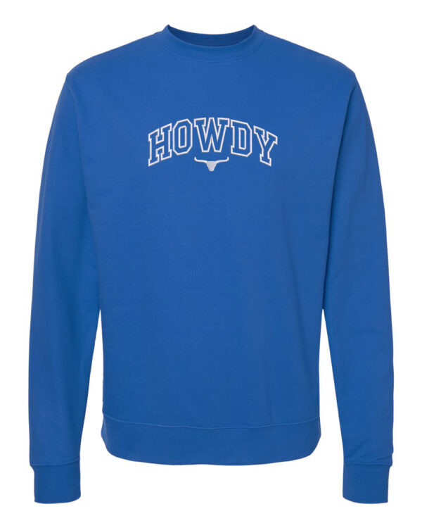A gray crewneck sweatshirt with the word "HOWDY" elegantly embroidered in black on the front chest.