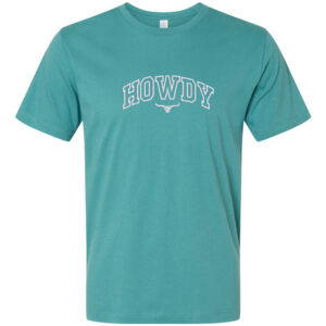A white t-shirt with the word "HOWDY" embroidered in bold black letters on the front chest.