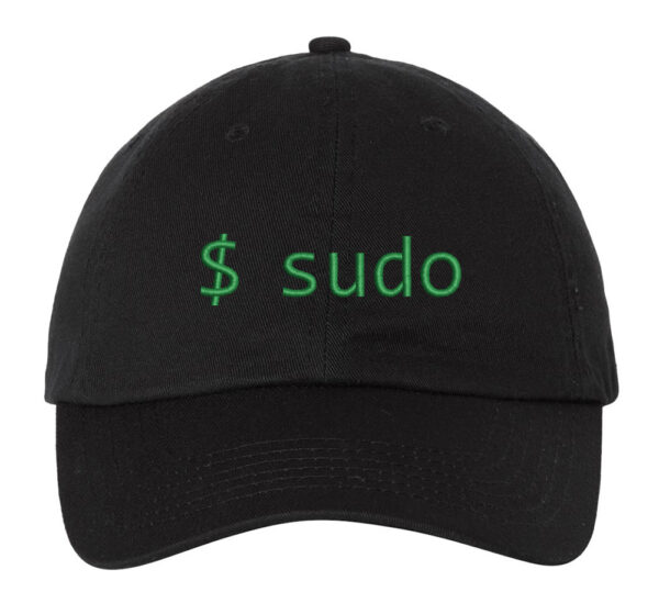 A black baseball hat with "Sudo" in bold letters and "Linux Command Prompt" embroidered on the front.