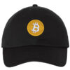A black baseball hat with a round Bitcoin logo embroidered on the front.