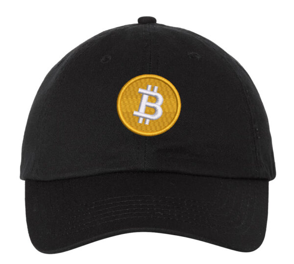 A black baseball hat with a round Bitcoin logo embroidered on the front.