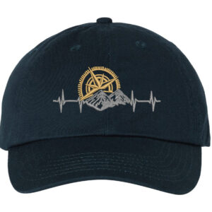 A baseball hat with a mountain and compass design embroidered on the front, perfect for outdoor enthusiasts and hikers.