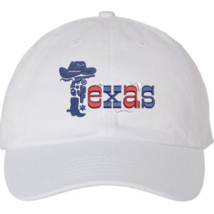 Baseball hat with "TEXAS" in Western font embroidered on the front, a tribute to Texan pride and outdoor adventures.