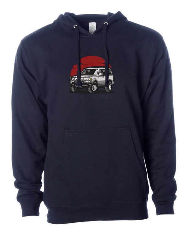 Embroidered Japanese Toyota Land Cruiser Hoodie with Rising Sun Background