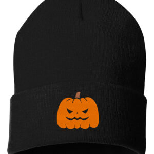 Mean Pumpkin Cuffed Beanie - A spooky pumpkin design on a black cuffed beanie for Halloween enthusiasts.