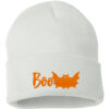 "Spooky BOO Bat Cuffed Beanie" with bat and BOO embroidery on the front. Halloween-themed apparel.