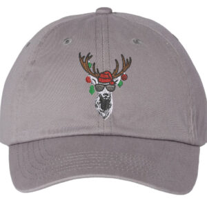 Christmas Reindeer Baseball Cap with Embroidered Funny Reindeer Wearing Sunglasses and Antlers Adorned with Christmas Tree Ornaments – Festive and Playful Holiday Headwear.