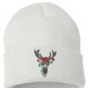 Reindeer Cuffed Beanie with Embroidered Funny Reindeer Wearing Sunglasses and Antlers Adorned with Christmas Tree Ornaments – Cozy and Playful Winter Headwear.