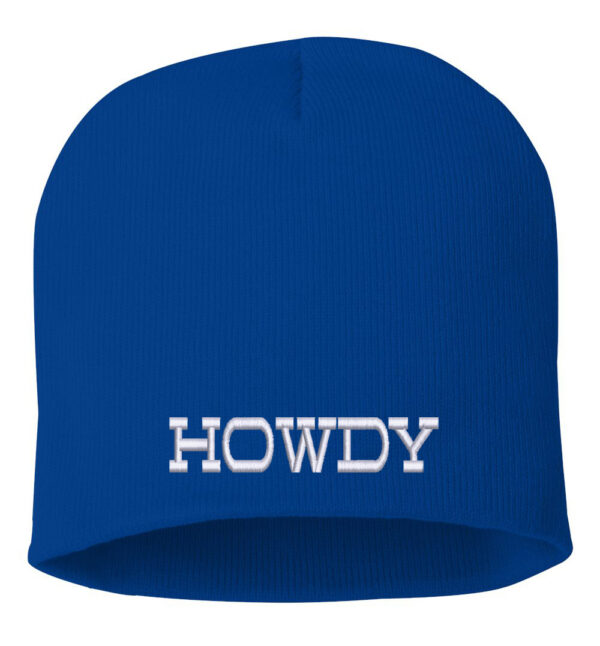 Howdy Embroidered Beanie – Black knit hat with bold 'Howdy' embroidery, seamlessly fusing urban sophistication with country charm for winter fashion.