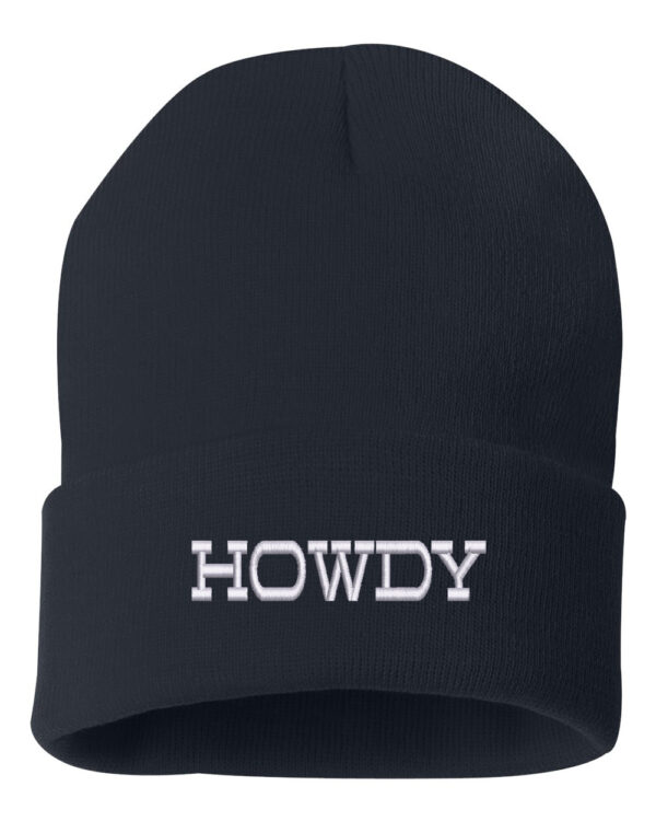 Howdy Embroidered Beanie – Black knit beanie with Western-inspired 'Howdy' embroidery, a cozy and stylish accessory for winter fashion.