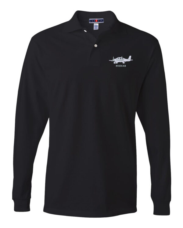Pilot's Pride Long Sleeve Polo with Embroidered Cirrus Plane and Custom Tail Number - A Stylish Tribute for Aviation Enthusiasts.