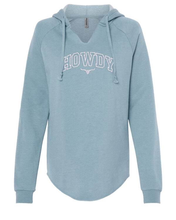 Women's Hooded Sweatshirt with Embroidered "HOWDY" and Bull Horns - A unique Western charm design for fashionable comfort. Stand out with this trendy and cozy sweatshirt.