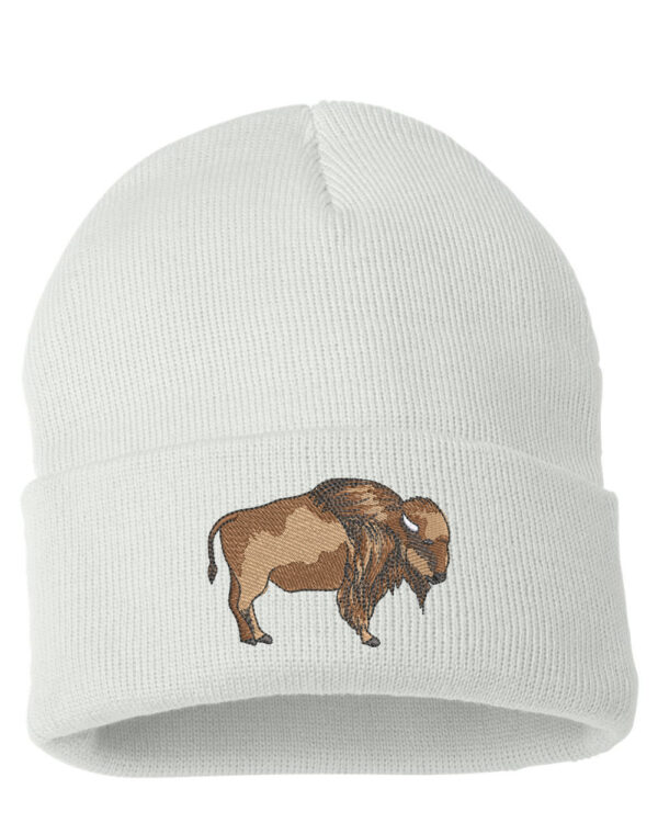 Buffalo Charm Cuffed Beanie - A winter essential for outdoor enthusiasts. This cuffed beanie features an intricately embroidered buffalo, adding wild frontier charm to your cold-weather ensemble.