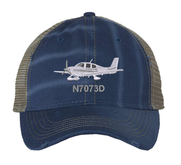Distressed trucker hat featuring an embroidered Cirrus airplane with custom tail number, perfect for aviation enthusiasts and aircraft owners, adding aviation flair to your wardrobe.