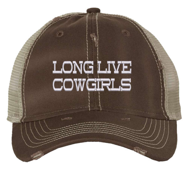 Image shows a distressed trucker hat with "Long Lived Cowgirls" embroidered on the front. The hat features a mesh back and snapback closure.