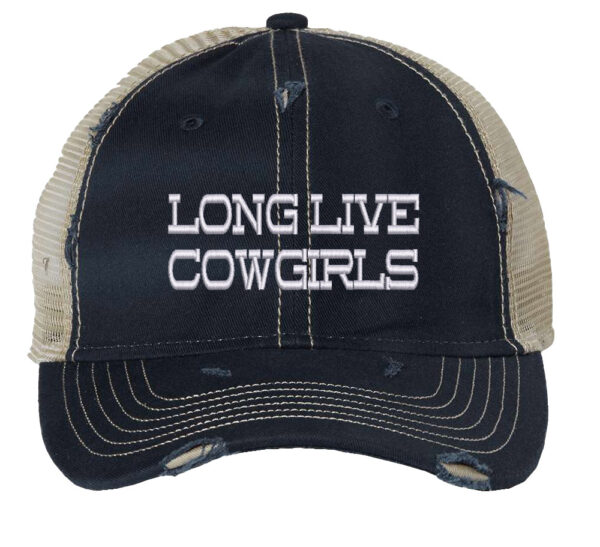 Image shows a distressed trucker hat with "Long Lived Cowgirls" embroidered on the front. The hat features a mesh back and snapback closure.