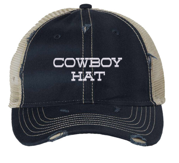 Image shows a distressed trucker hat with "Cowboy Hat" embroidered on the front. The hat features a mesh back and snapback closure.