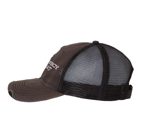 Image shows a distressed trucker hat with "Cowboy Hat" embroidered on the front. The hat features a mesh back and snapback closure.