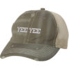 Image shows a distressed trucker hat with "Yee Yee" embroidered on the front. The hat features a mesh back and snapback closure.