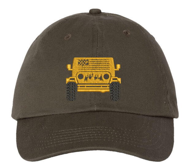 Dad hat featuring an embroidered image of a 4x4 off-road vehicle, ideal for outdoor enthusiasts, adding off-road flair to your outdoor wardrobe.