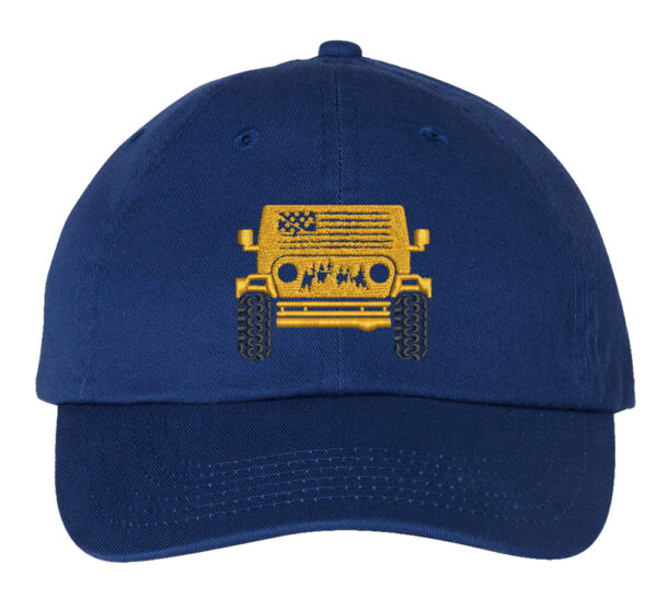 Dad hat featuring an embroidered image of a 4x4 off-road vehicle, ideal for outdoor enthusiasts, adding off-road flair to your outdoor wardrobe.