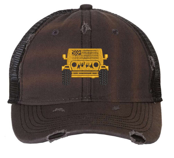 Distressed trucker hat featuring an embroidered 4x4 off-road vehicle, ideal for outdoor enthusiasts, adding off-road flair to your outdoor wardrobe.
