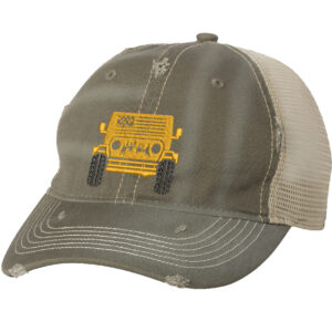 Distressed trucker hat featuring an embroidered 4x4 off-road vehicle, ideal for outdoor enthusiasts, adding off-road flair to your outdoor wardrobe.