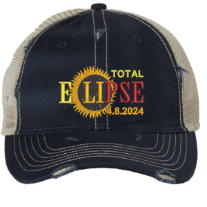 Distressed trucker hat featuring embroidered Total Eclipse 4.8.2024 design, blending vintage style with celestial imagery.