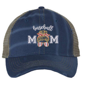 Image shows a distressed trucker hat with the text "Blondie Baseball Mom" embroidered on the front.