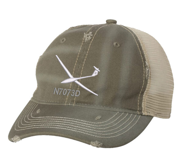 Image shows a trucker hat with an embroidered glider aircraft design and custom tail number.