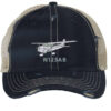 Distressed trucker hat featuring an embroidered Cessna airplane with custom tail number, ideal for aviation enthusiasts and aircraft owners, adding aviation flair to your wardrobe.