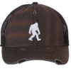 Distressed trucker hat featuring an embroidered Bigfoot silhouette, ideal for outdoors enthusiasts, adding mystery and style to your outdoor wardrobe.
