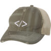 Vintage trucker hat featuring an embroidered programmer symbol, ideal for coding enthusiasts, adding retro flair to your programmer wardrobe.