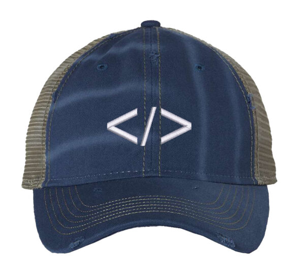 Vintage trucker hat featuring an embroidered programmer symbol, ideal for coding enthusiasts, adding retro flair to your programmer wardrobe.