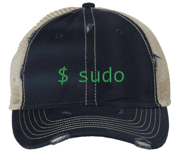 Distressed trucker hat featuring embroidered "$udo" for Linux enthusiasts, ideal for programmers and admins.