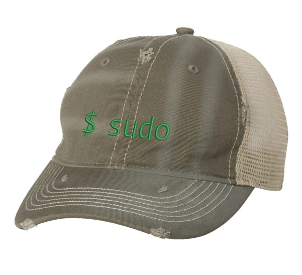 Distressed trucker hat featuring embroidered "$udo" for Linux enthusiasts, ideal for programmers and admins.