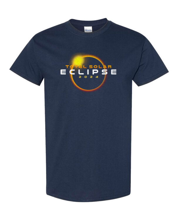 Image shows a black t-shirt with a graphic print of a total solar eclipse. Text reads "Total Solar Eclipse 2024 T-shirt."