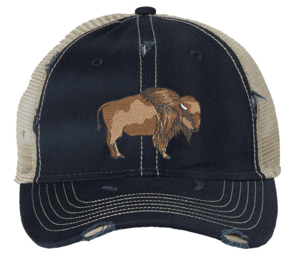 Buffalo Distressed Trucker Hat featuring embroidered bison design, perfect for hikers, campers, and outdoor enthusiasts.