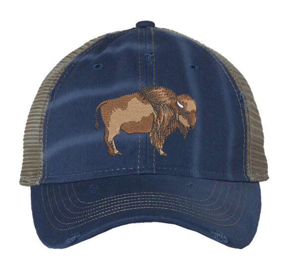 Buffalo Distressed Trucker Hat featuring embroidered bison design, perfect for hikers, campers, and outdoor enthusiasts.