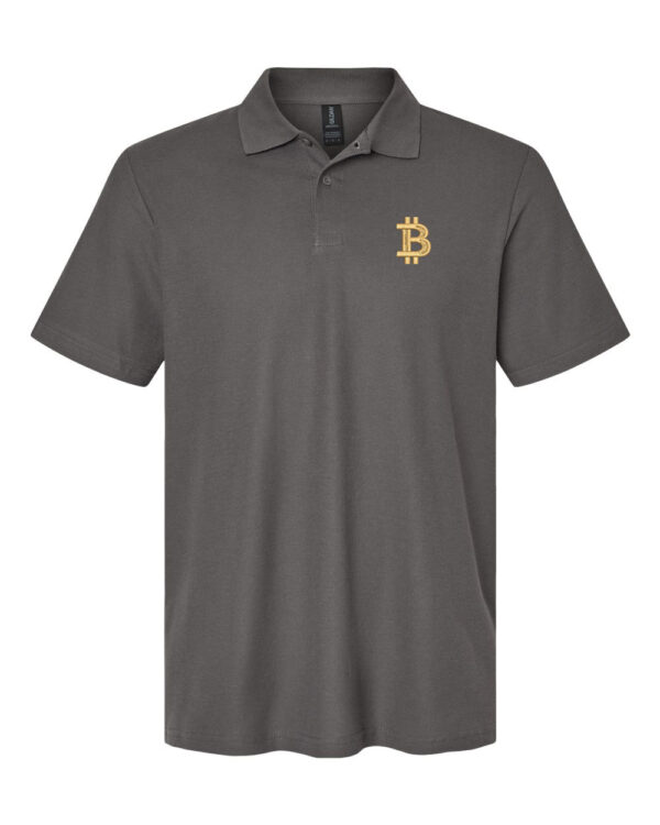 BTC Bitcoin Logo Polo Shirt featuring crypto design, perfect for investors and bitcoin enthusiasts.