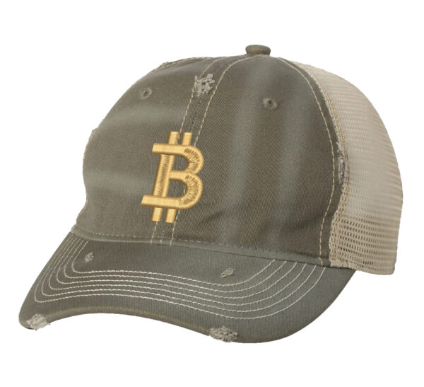 BTC Bitcoin Logo Trucker Hat featuring crypto design, perfect for investors and bitcoin enthusiasts.