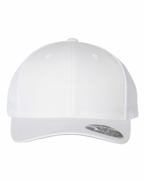 A stylish Flexfit 110 Trucker Snapback hat, perfect for business owners and brand enthusiasts seeking comfort and style.